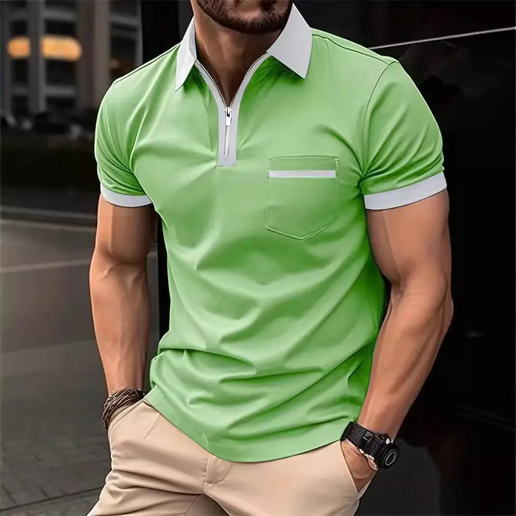Men's loose fit short sleeve t-shirt with a chest pocket and zip trim on the front.