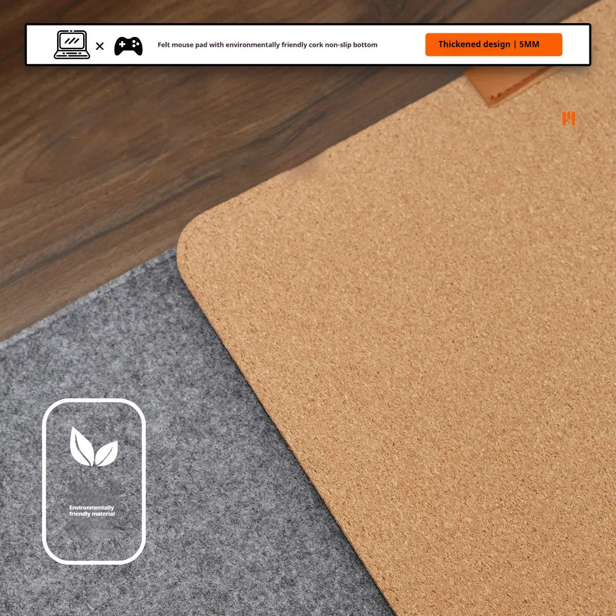 Japanese style felt cork desk mat with non-slip base in black and gray pattern