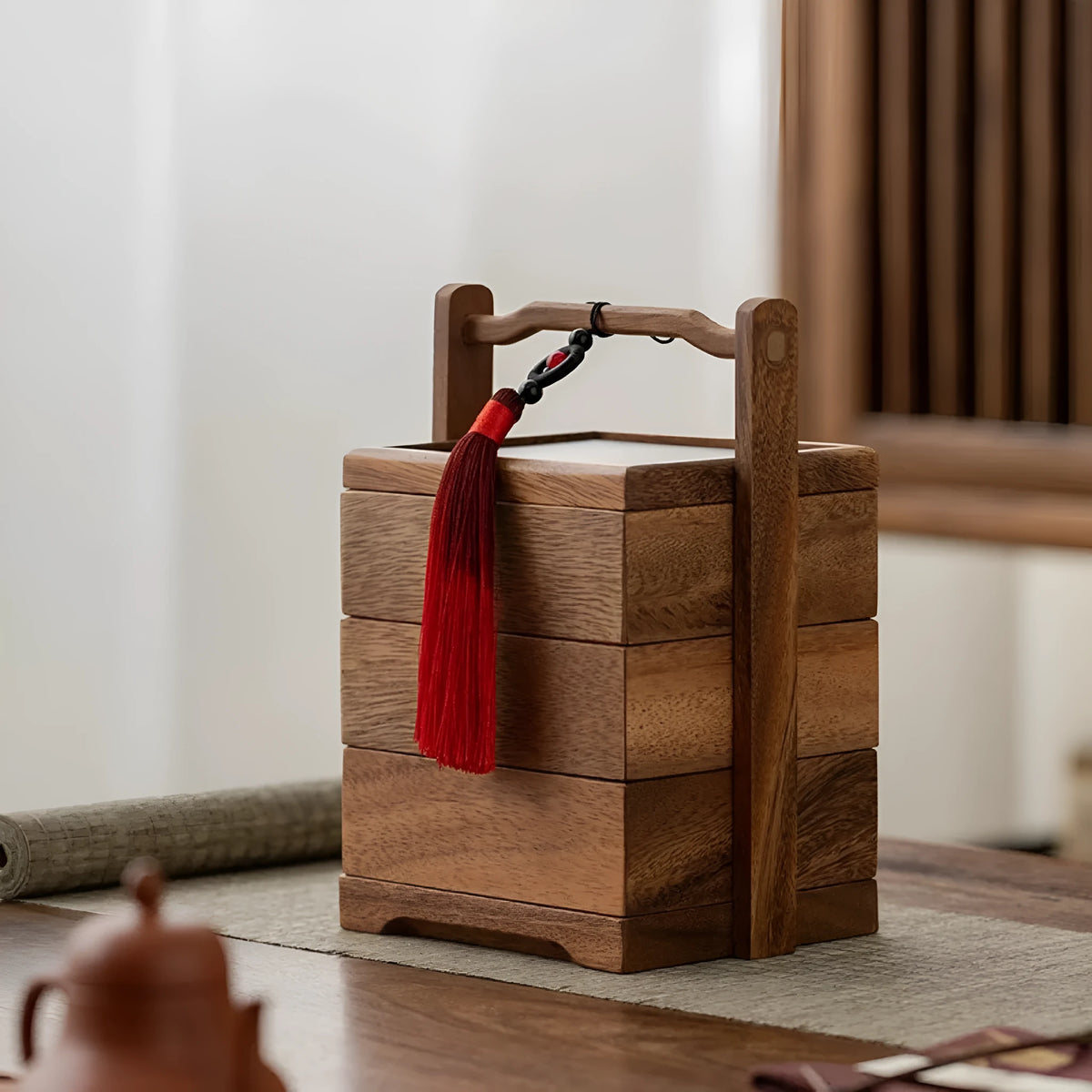 Solid wood snack candy tray in burlywood with grid options and cover for serving nuts and dried fruit