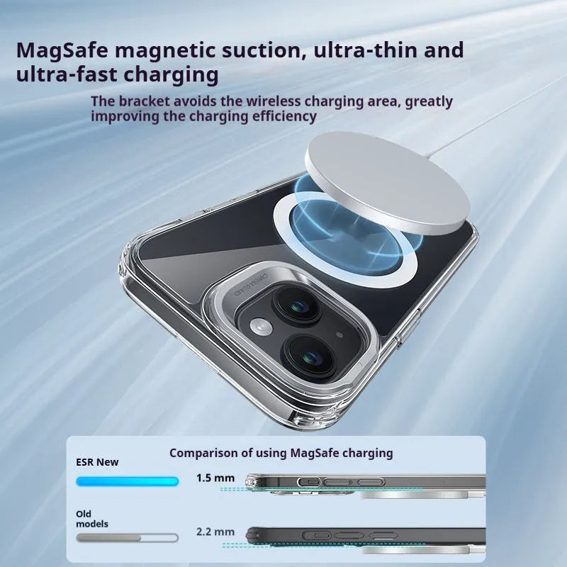 Magnetic phone case Qiahui with invisible bracket for iPhone 15 Pro Max, transparent white TPU