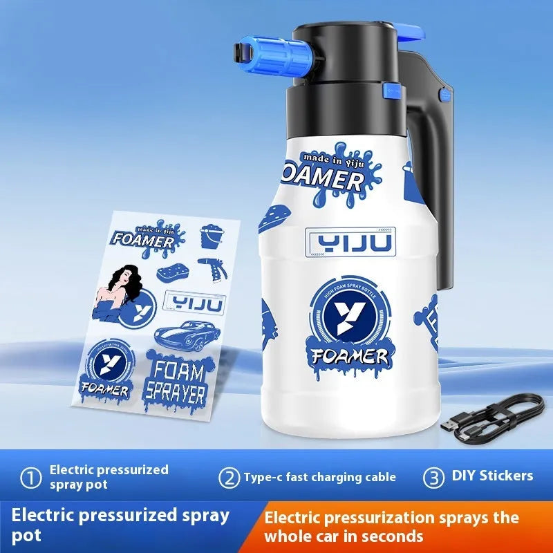 Hand-held high-pressure car wash foam sprayer with 2 litre capacity and wind-resistant design