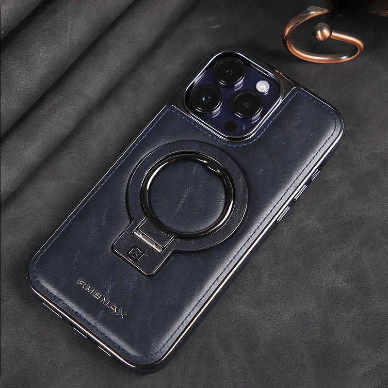 Magnetic bracket phone case imitation leather drop resistant for iPhone 11 to 15 Pro Max black