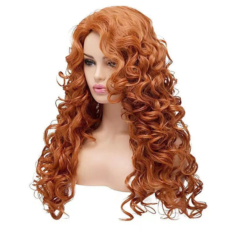 Brown long curly instant noodles style cosplay wig with wavy texture on wig head