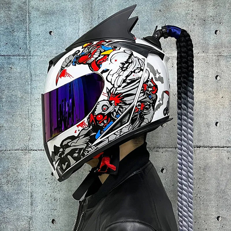 Dirty Braids full-face motorcycle helmet with graphic design options on an ABS shell.