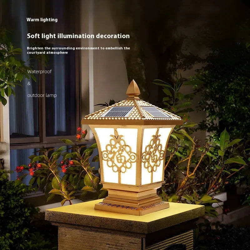 Black small size solar pillar lamp with flower shape, IP65 outdoor protection, 12W, 24V, and pointed flower overall size in mm.