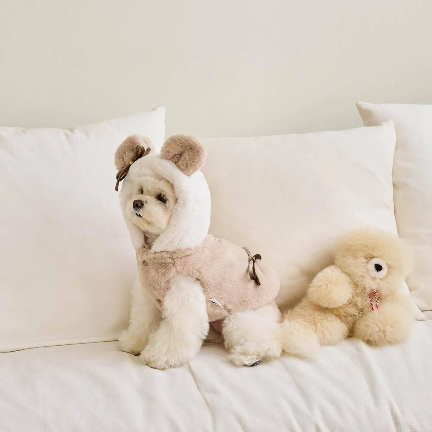 Light pink polyester dog warm coat shown in size M with casual styling