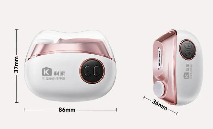 Blue rechargeable electric nail clipper and polisher with cleaning brush and USB cable.