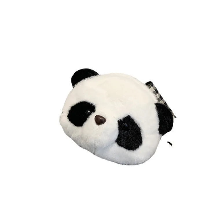 Soft plush crossbody bag with panda head design, cylindrical shape.