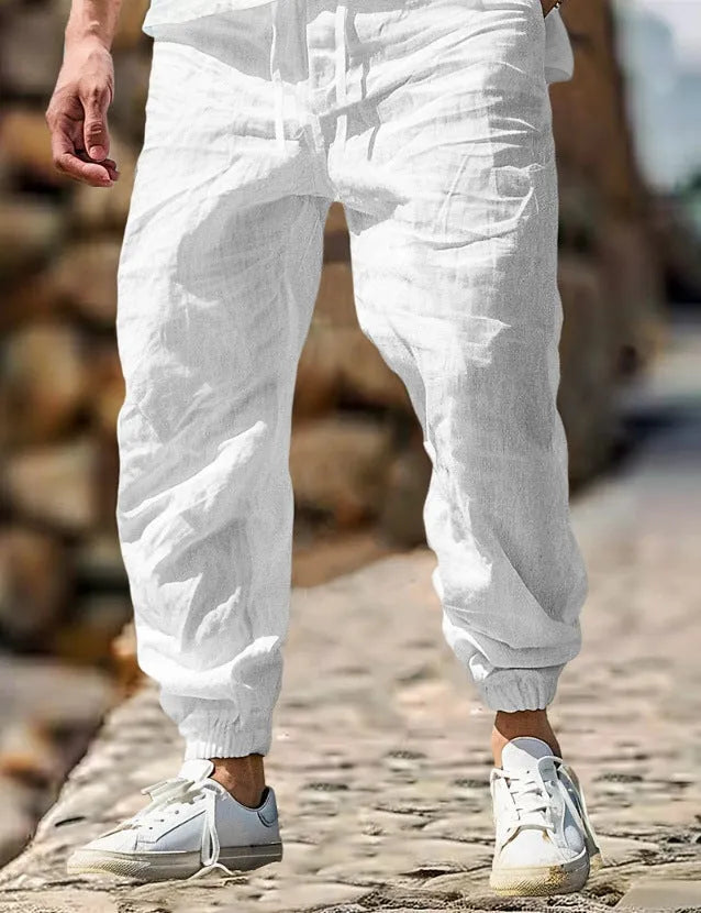 Men's straight fit linen trousers with elasticated waist in army green colour