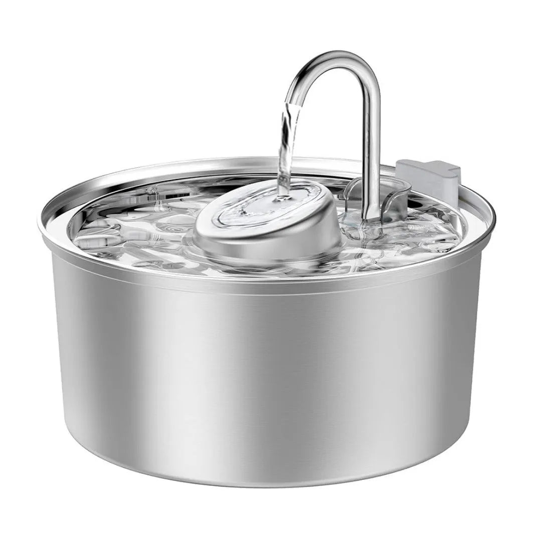 Stainless steel pet water dispenser with round runway design and bowl-window faucet