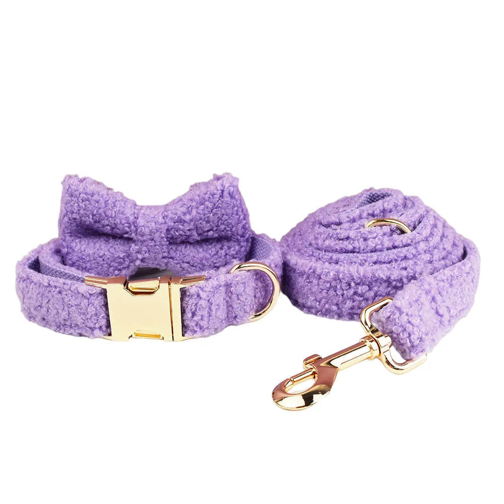 Purple dog collar, leash, vest and bow set for small pets in five size options