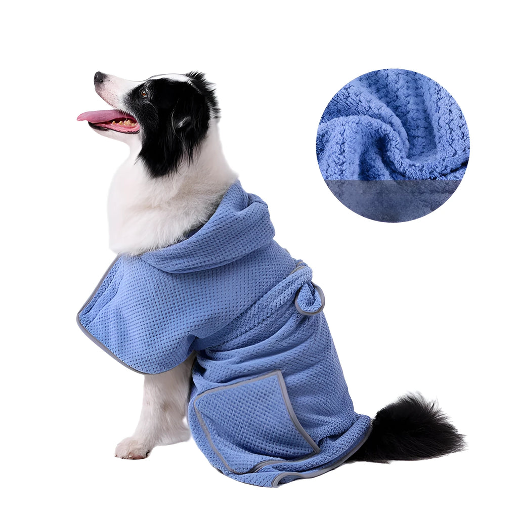 A blue dog bath robe towel with an adjustable waistband wrapped around a dog, showing the snap button closure.