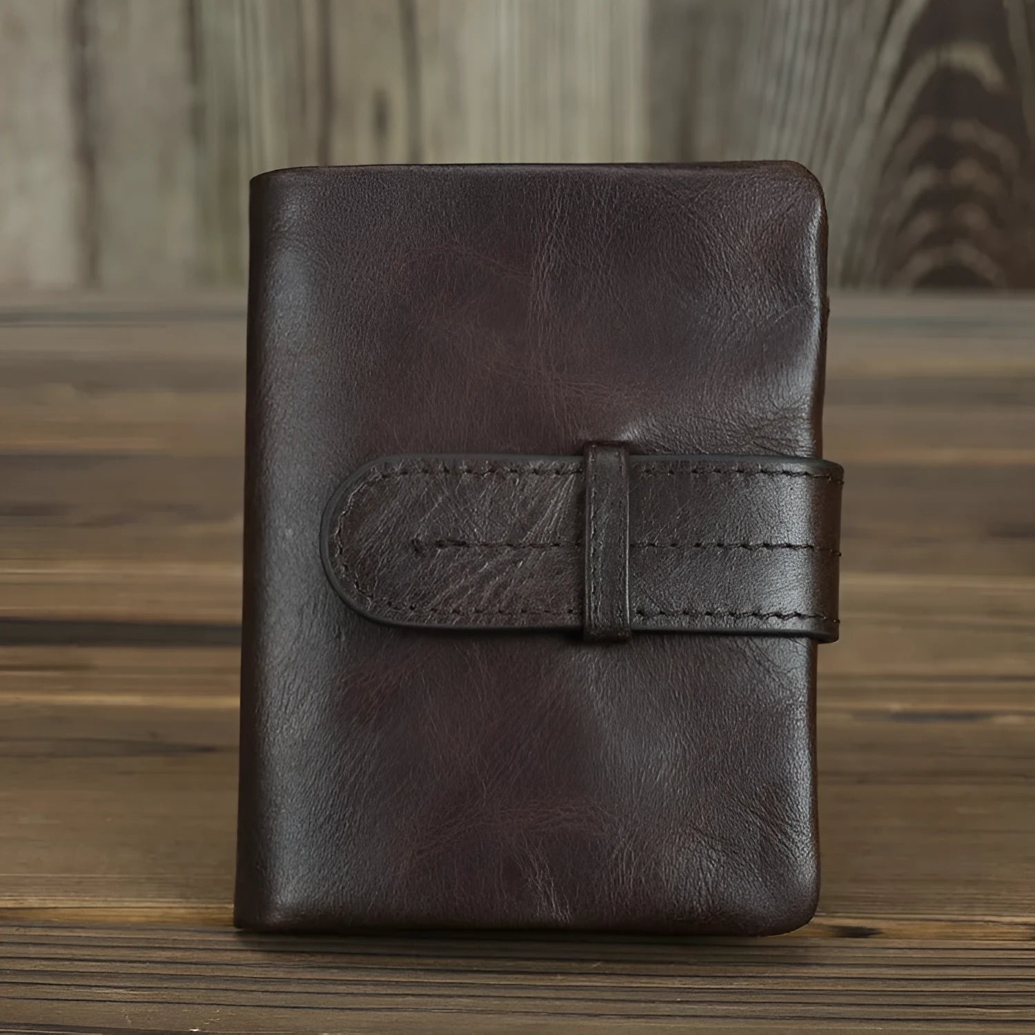 Brown genuine leather women's wallet with multiple card slots and sewing thread detail