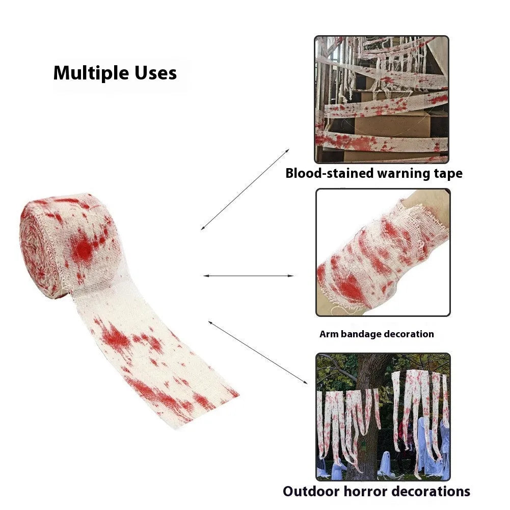 Roll of 8cm wide bloody red Halloween bandage gauze for horror decoration next to a white variant.