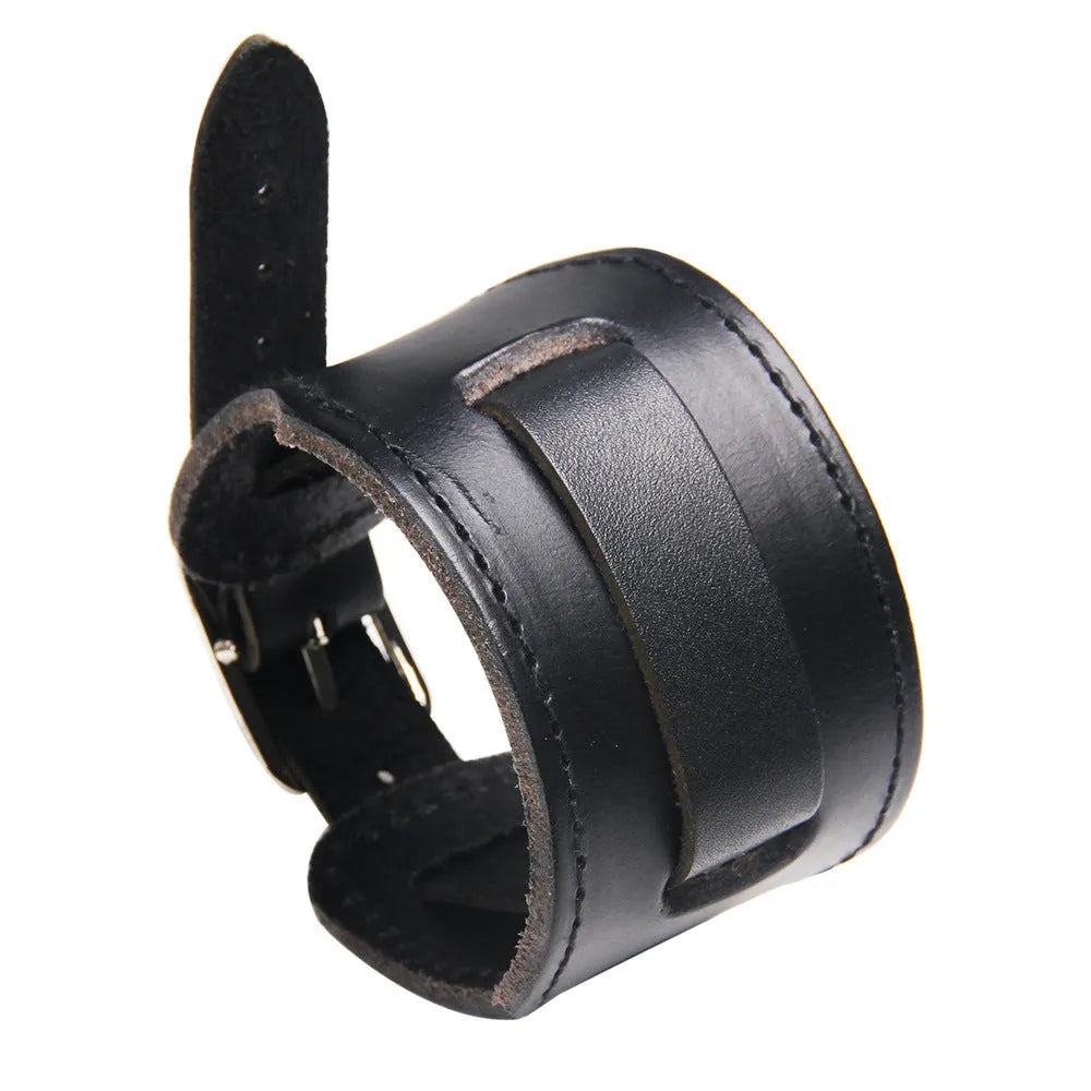 Simple wide cowhide leather bracelet in black and brown, geometry shape, unisex accessory