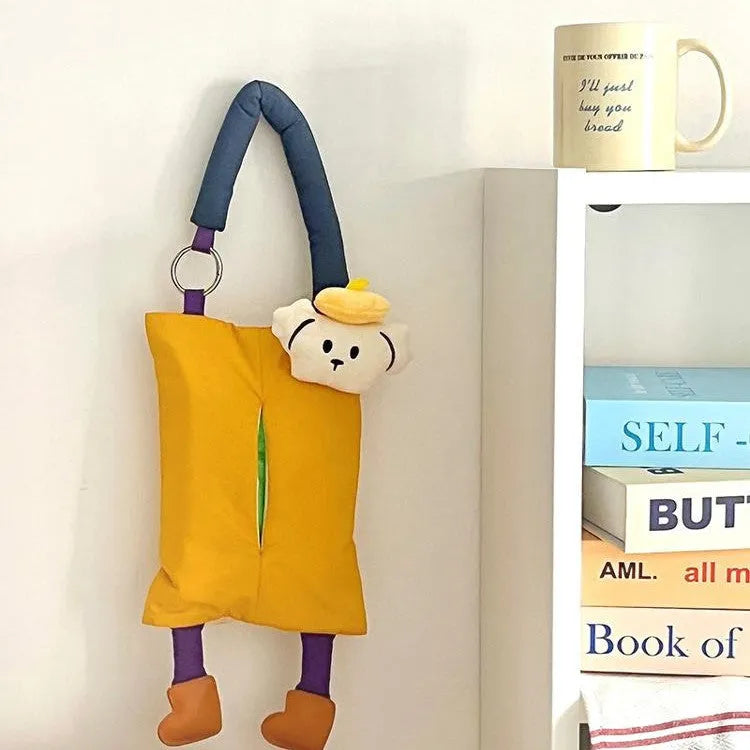 Soft plush hanging car tissue bag in baby crocodile design, showing dimensions of 25cm by 19cm.