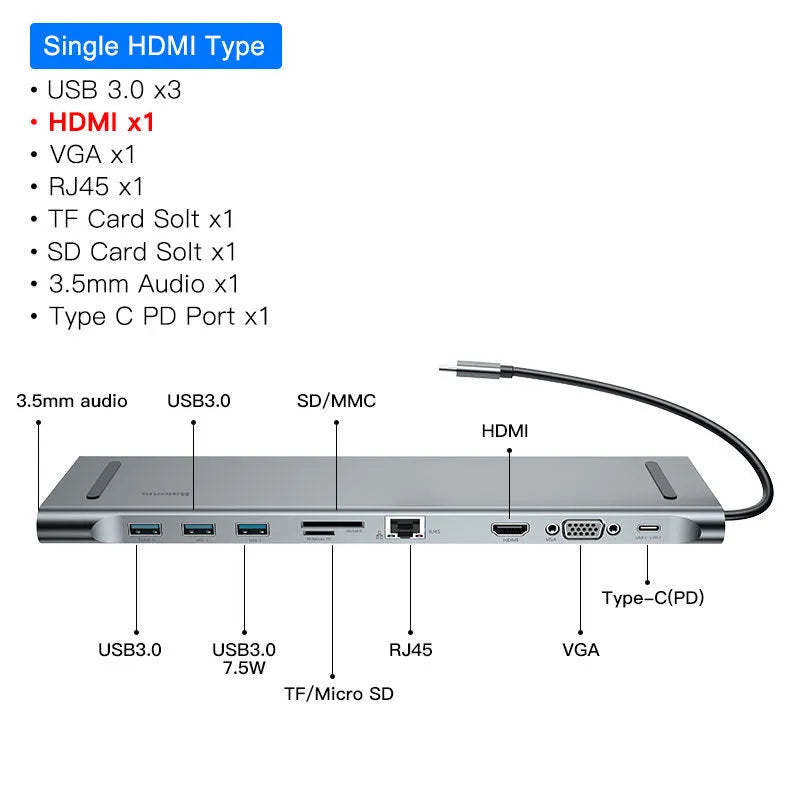 Grey aluminium ten-port docking station with cooling bracket showing HDMI, VGA and USB ports