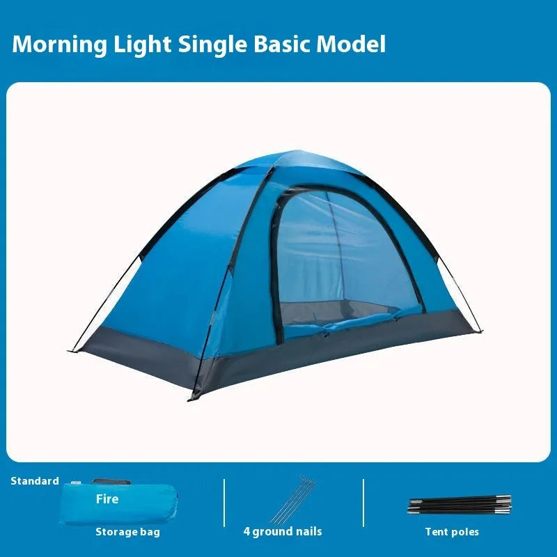 Single person portable camping tent in green, shown unfolded with fibreglass pole.