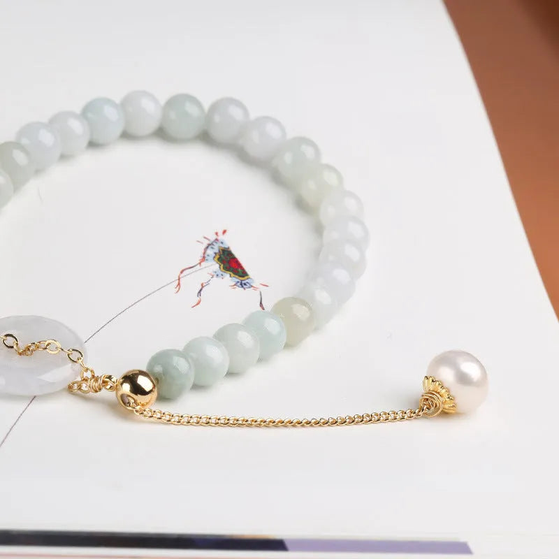 National style jade and pearl bracelet for women with a geometric peace buckle charm.
