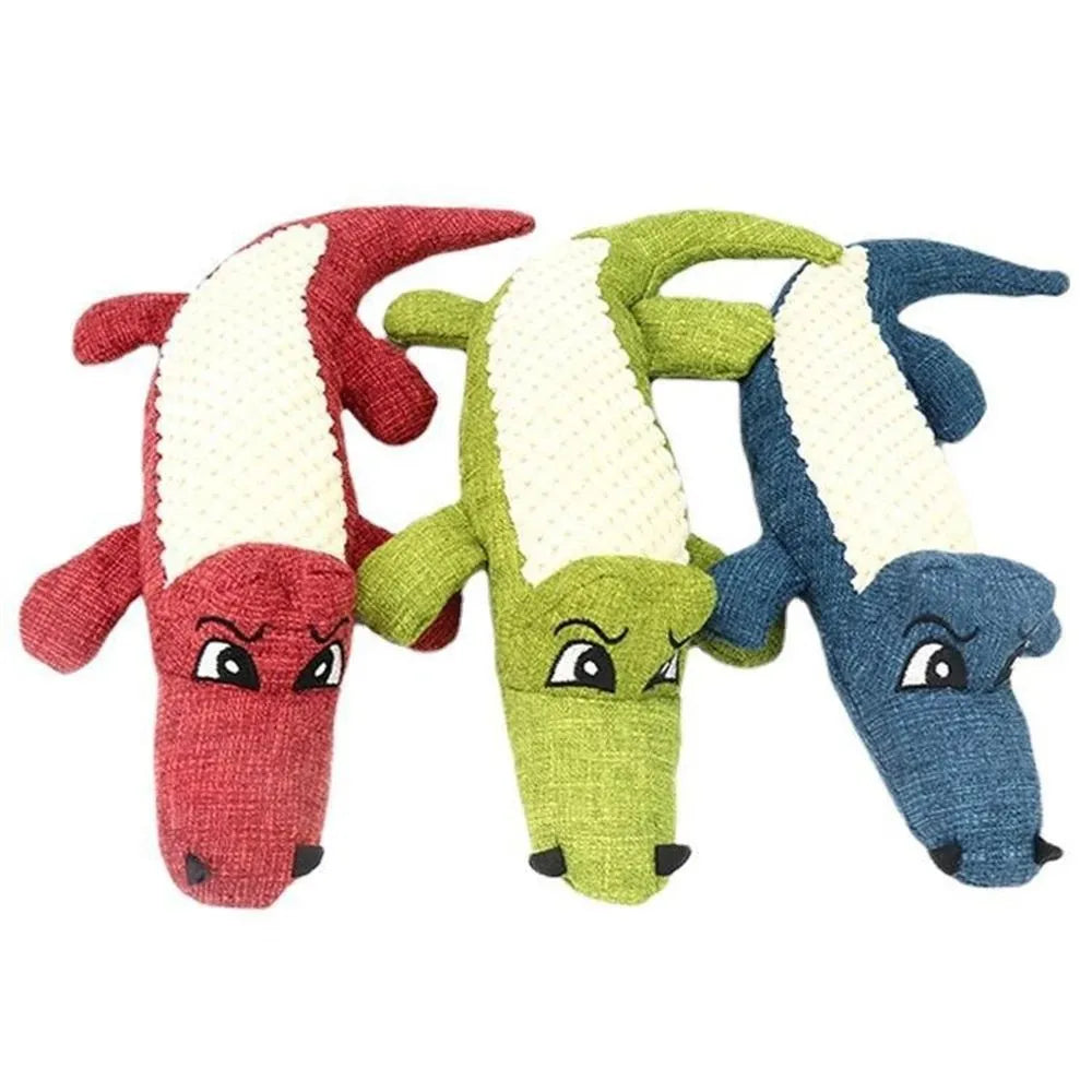 Plush squeaky dog chew toy, 29cm long, linen and PP cotton, blue red green