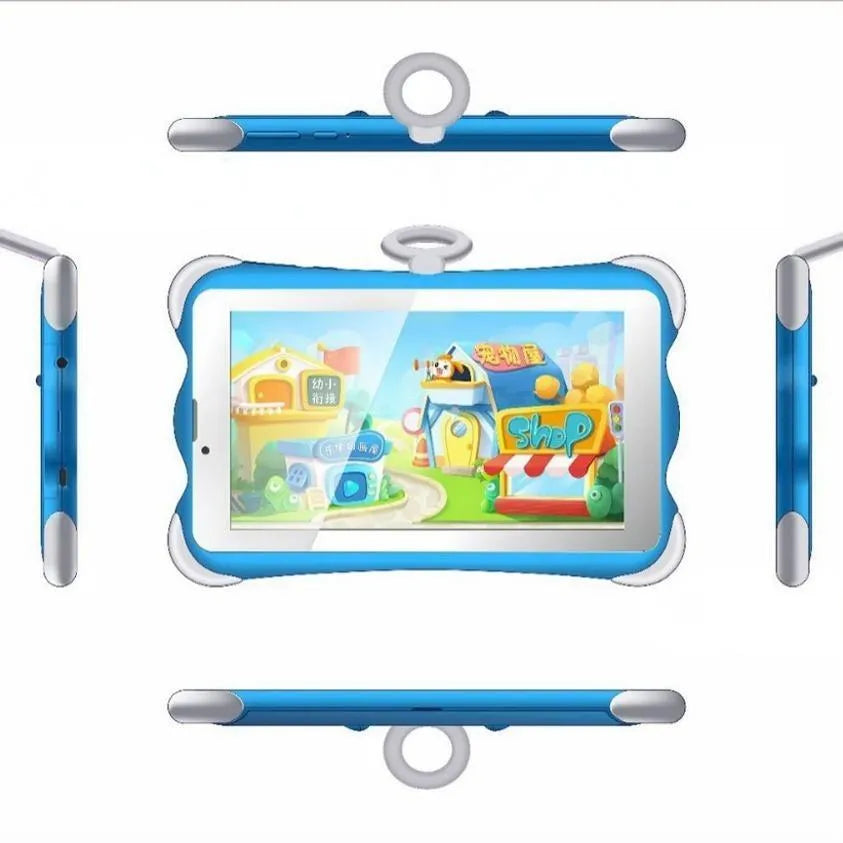Cartoon green children's 7-inch learning tablet displayed on its included stand