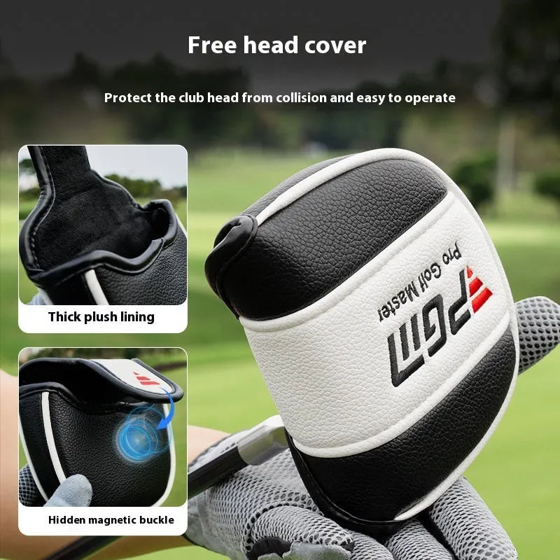PGM left-hand standing putter in silver and black with stainless steel head, carbon shaft, aiming line, and head cover.
