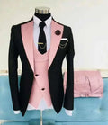 Men's slim fit three-piece cotton suit in black with coat, vest, and trousers