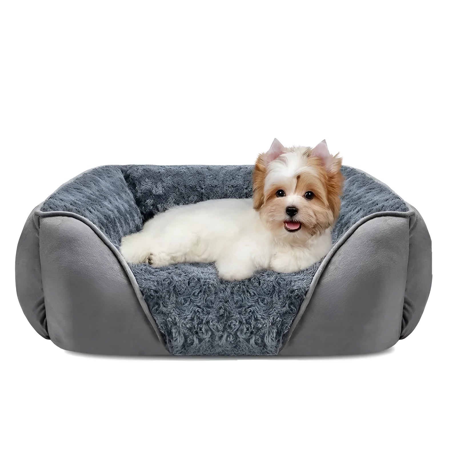 Beige bolster dog bed for large dogs with soft interior and raised sides on a wooden floor.