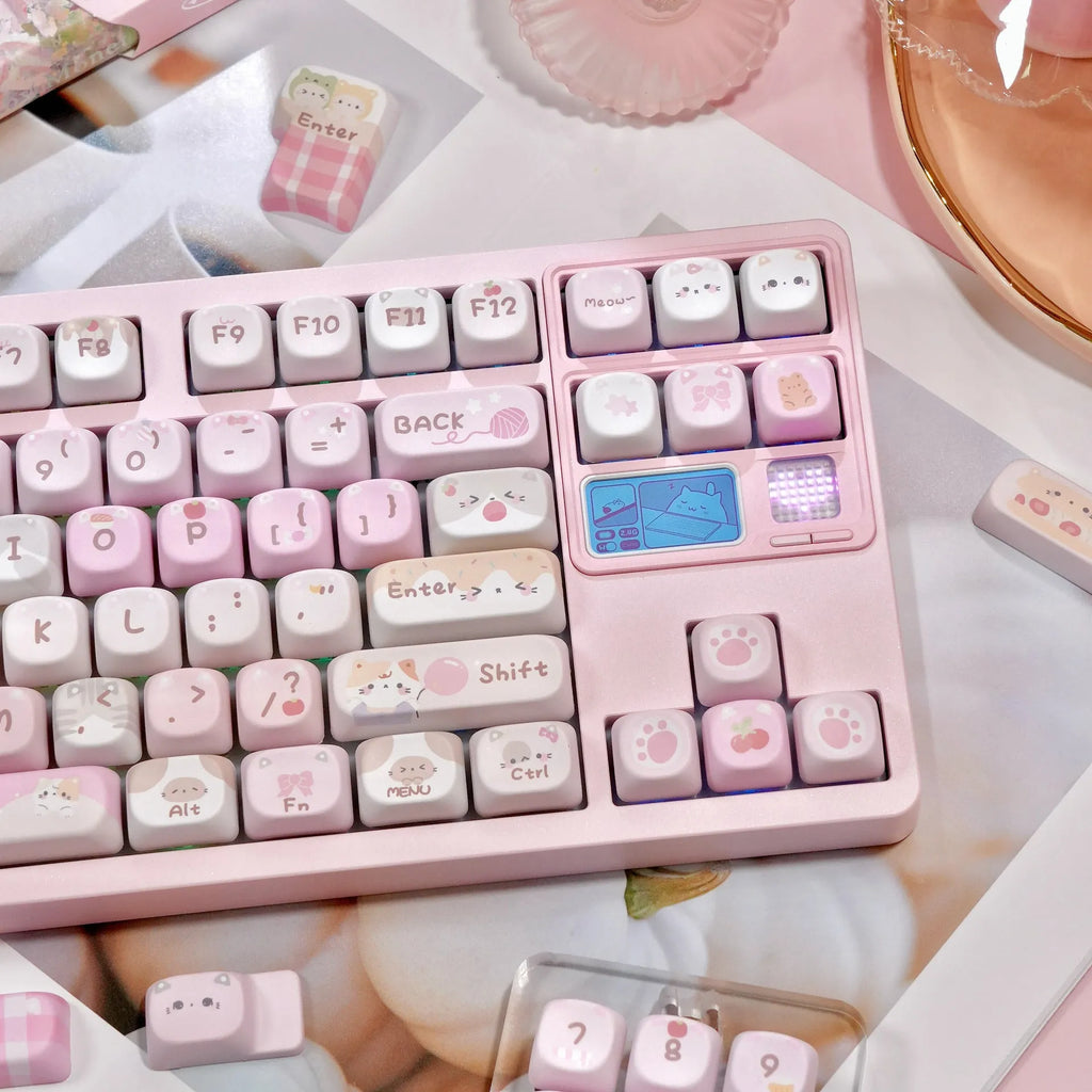 Pink MOA height mechanical keyboard keycaps with cartoon artwork on all five sides