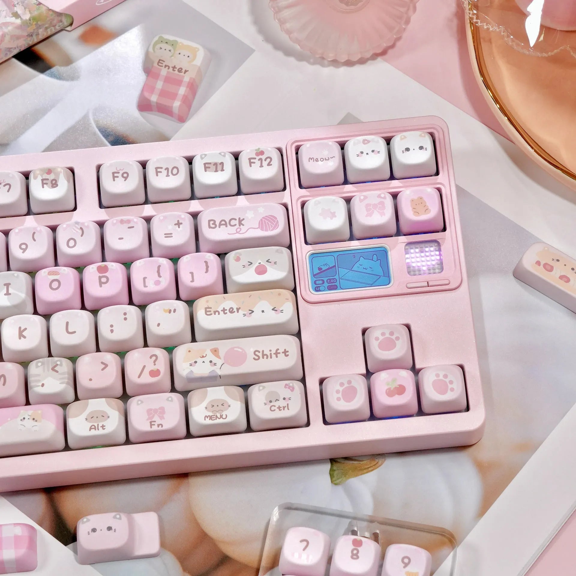 Pink MOA height mechanical keyboard keycaps with cartoon artwork on all five sides