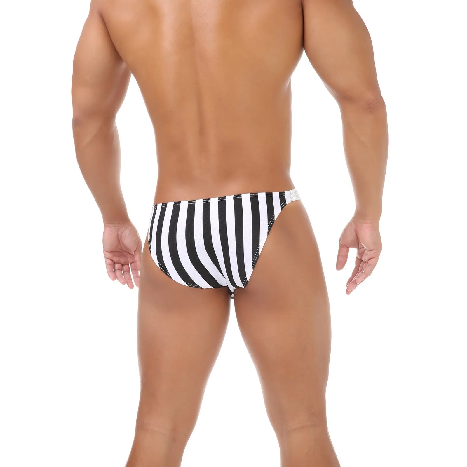 Men's zebra stripe nylon briefs with U pouch design and low waist styling