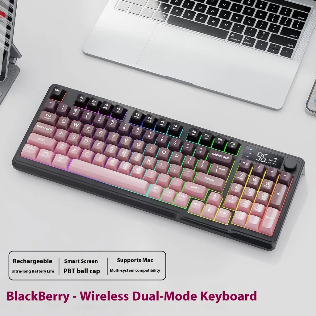 Wireless Bluetooth dual-mode keyboard with gradient belt in black and purple on desk