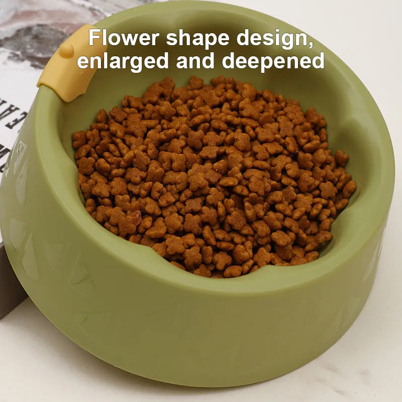 Green plastic flower-shaped double pet bowl for dog and cat food and water.
