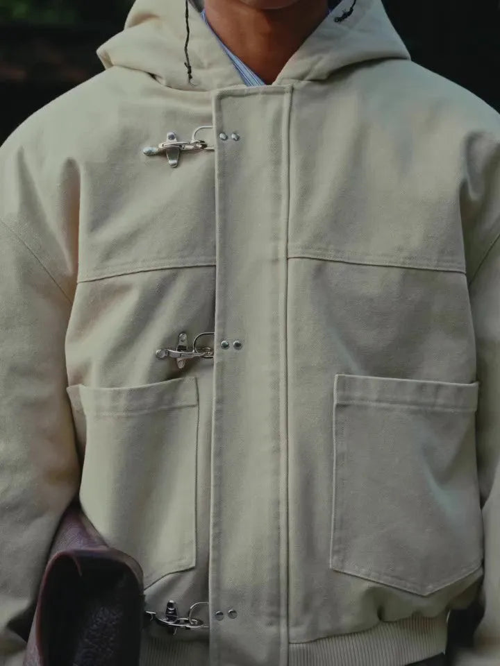Beige duffle coat with hood and toggle closure, polyester regular fit daily wear jacket