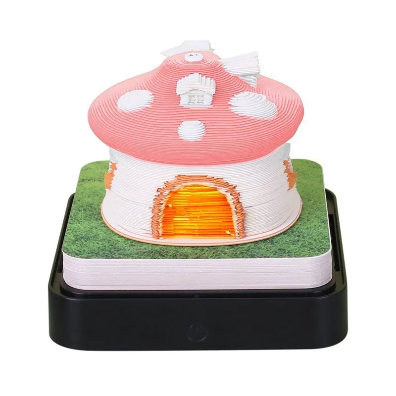 Earth Calendar Light panoramic 3D paper carving desk calendar with sticky notes, Mushroom Green cover, 9.8x9.8x8.5cm