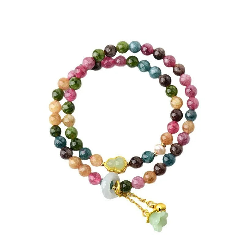 Close-up of a women's double ring bracelet made from round natural chalcedony crystal beads.