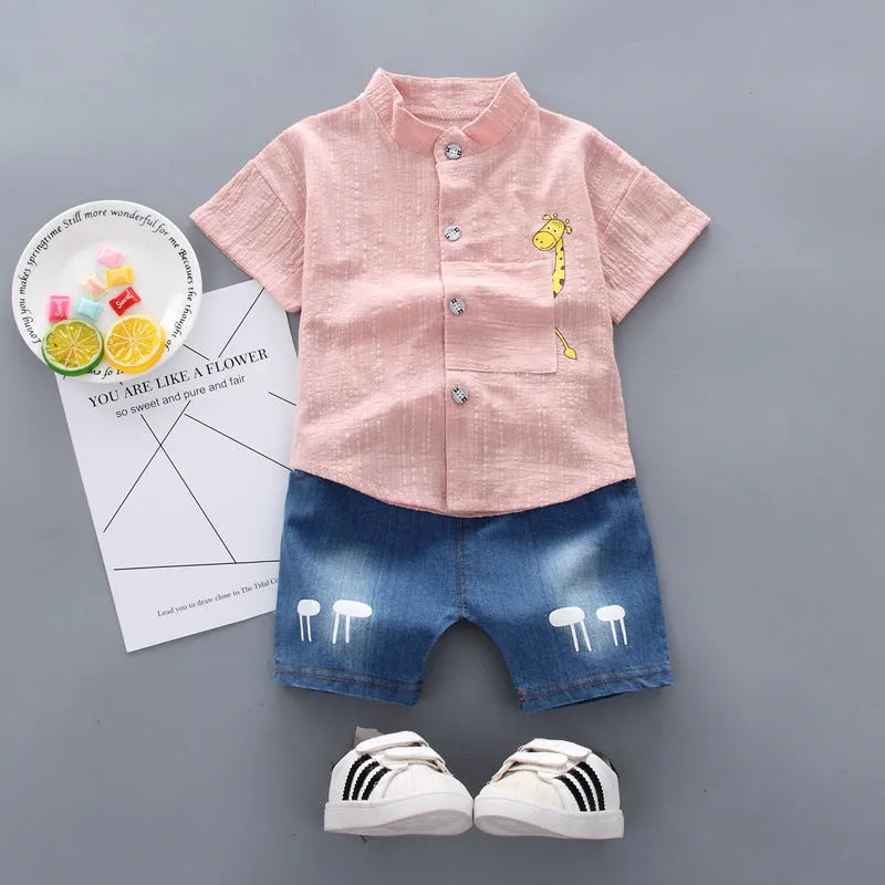 Baby boy cotton short sleeve shirt and shorts set with giraffe cartoon print in white, black, pink for 80-110cm children