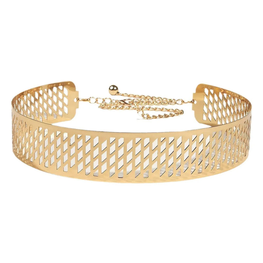 Gold iron waist belt with alloy buckle showing hook fastening and thick 4.5cm width