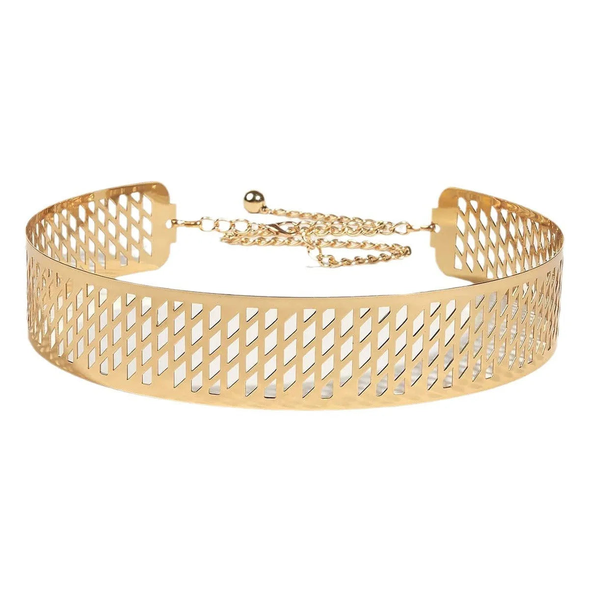 Gold iron waist belt with alloy buckle showing hook fastening and thick 4.5cm width