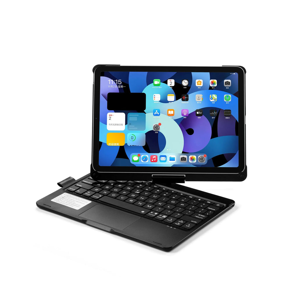 Black Bluetooth keyboard case with backlit keys open next to an iPad, showing the 360-degree rotating hinge.