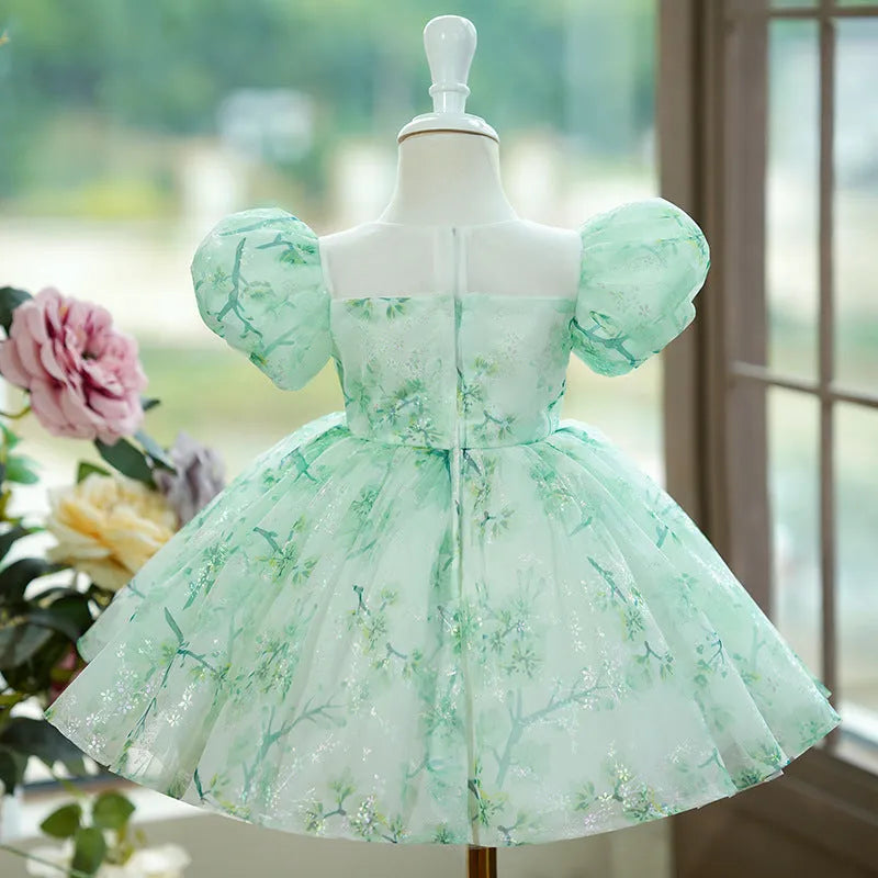 Mint green fluffy gauze princess dress with puff sleeves for girls, height range 80-160cm