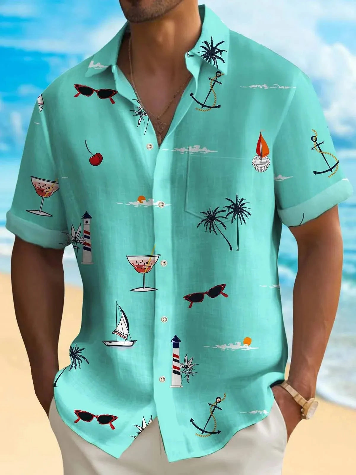 Man wearing a loose-fit digital print Hawaiian shirt in a colourful pattern.