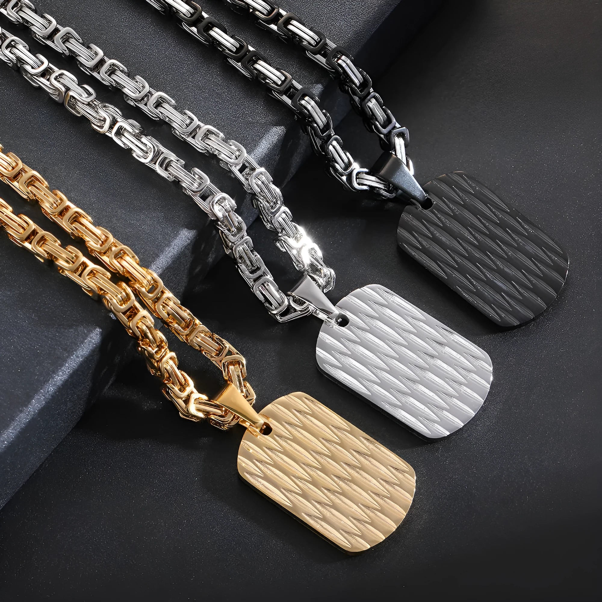 Men's titanium steel water ripple geometric pendant necklace on Emperor Chain in black, gold, or silver.