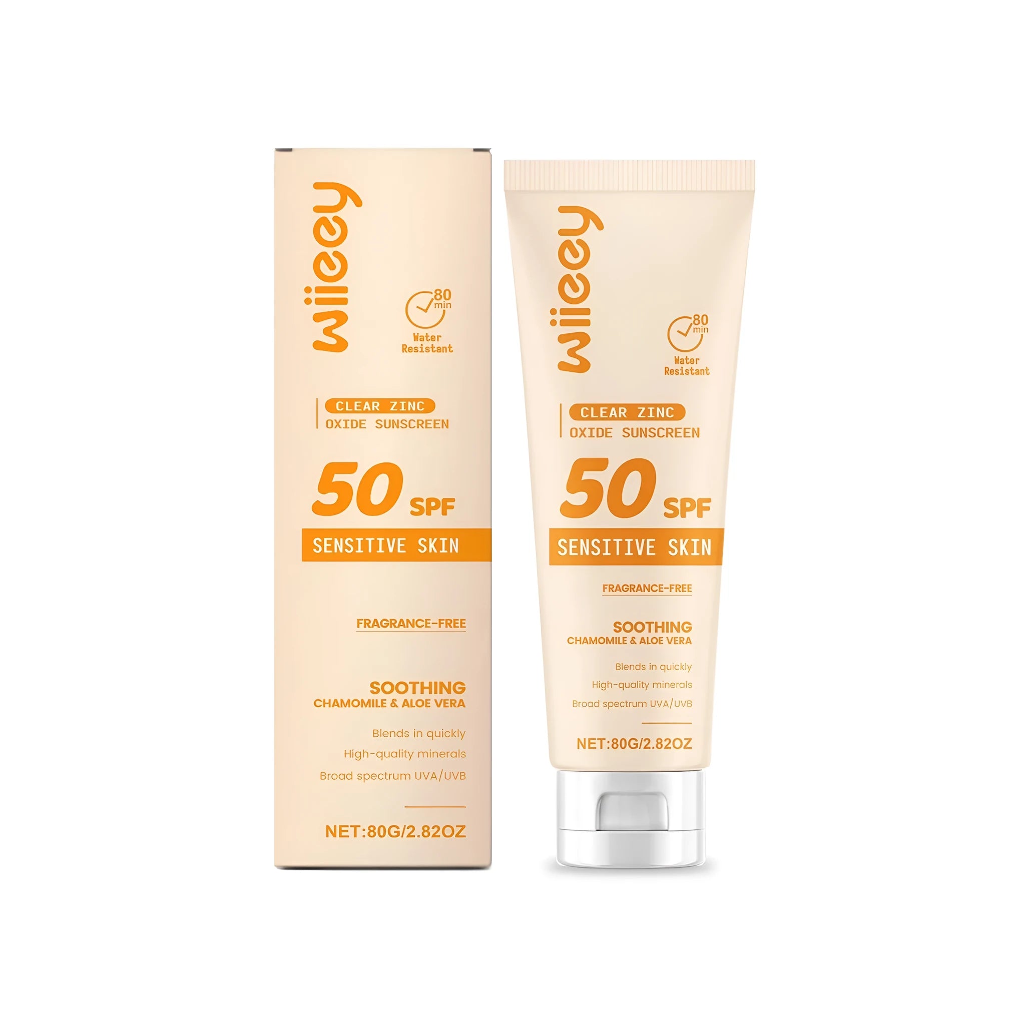80g tube of clear zinc oxide mineral sunscreen with chamomile and aloe extracts