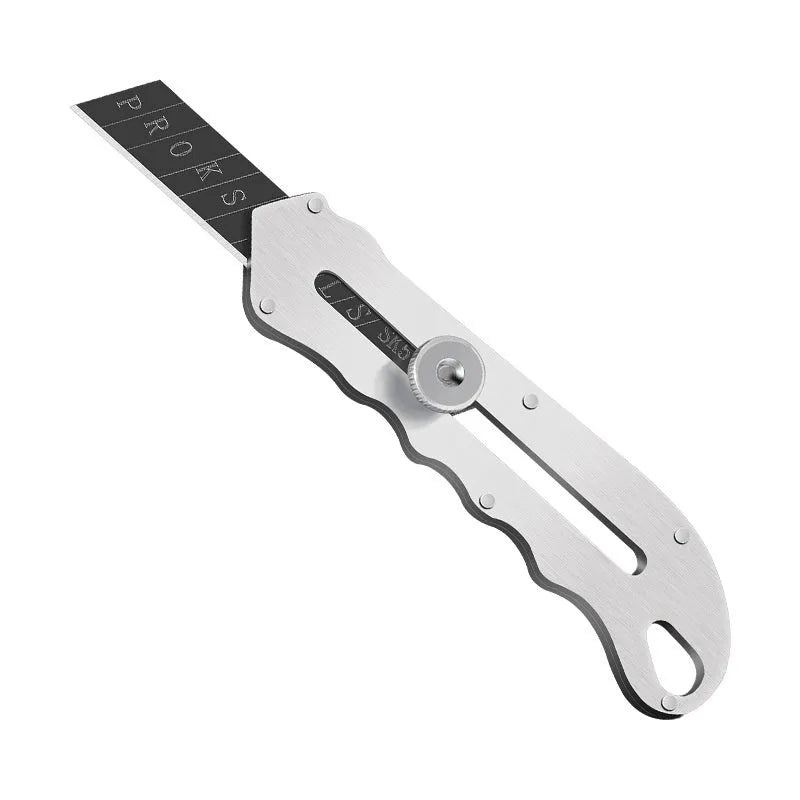Stainless steel folding utility art knife with black blade and a pack of spare blades.