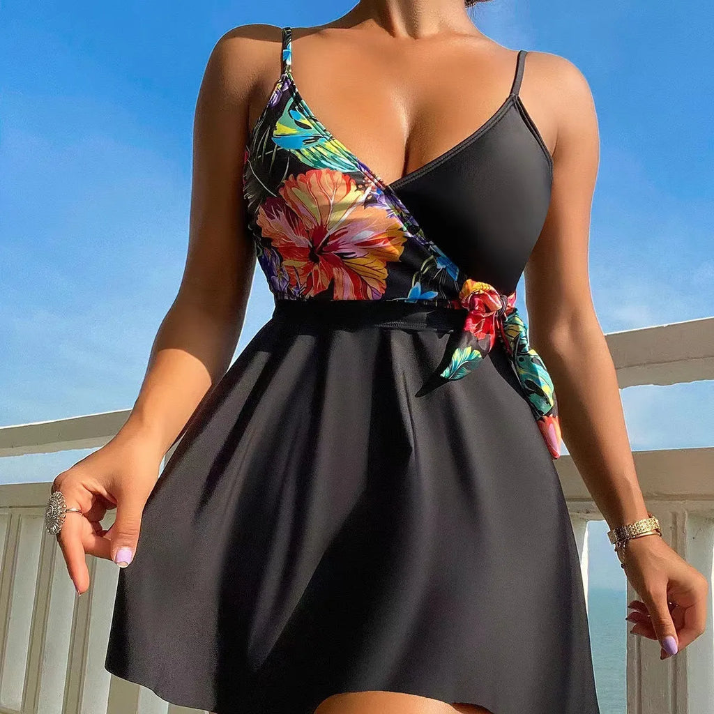 Women's high waist briefs printed split bikini in black colour for sports activities