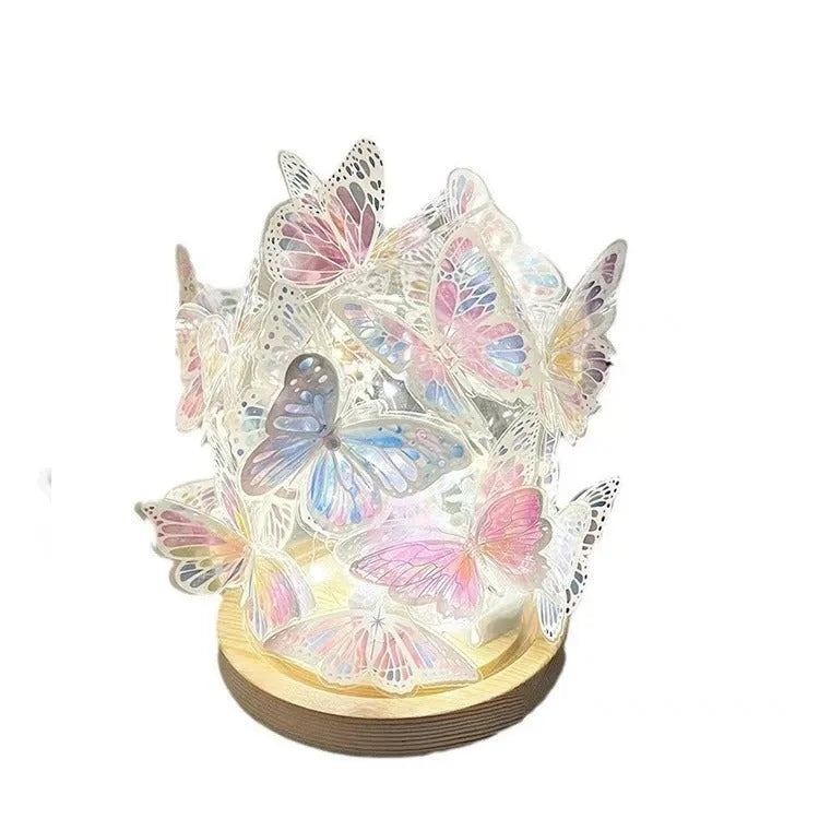 Handmade butterfly night lamp with glass shade on raw wood base, bedroom ambience lighting