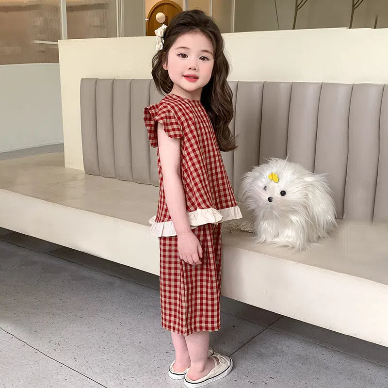 Girls' red plaid cotton two-piece set with shirt and pants, pullover style, for heights 90cm to 140cm