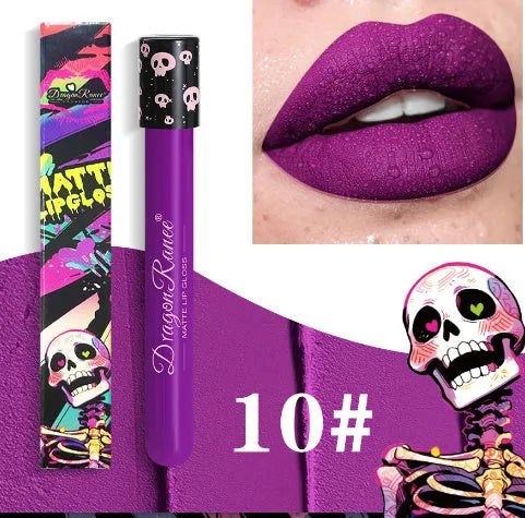 Set of twelve matte lip glosses in skull-shaped test tubes for Halloween makeup.
