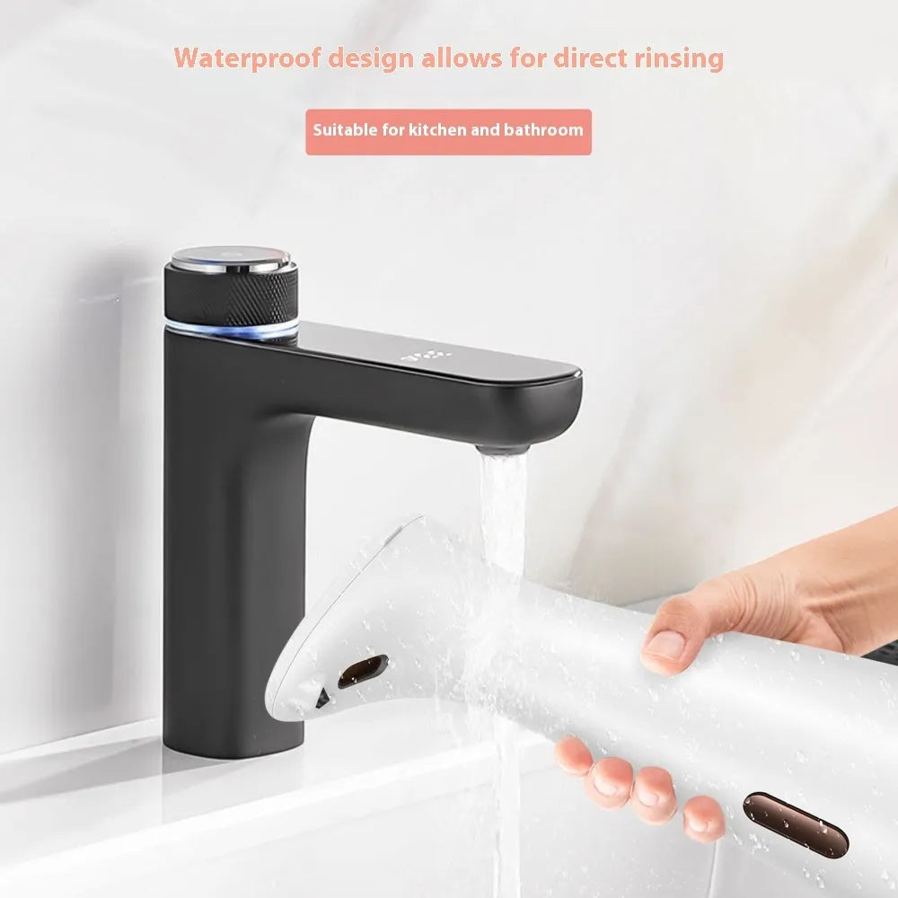 White infrared sensor automatic soap dispenser on a bathroom sink